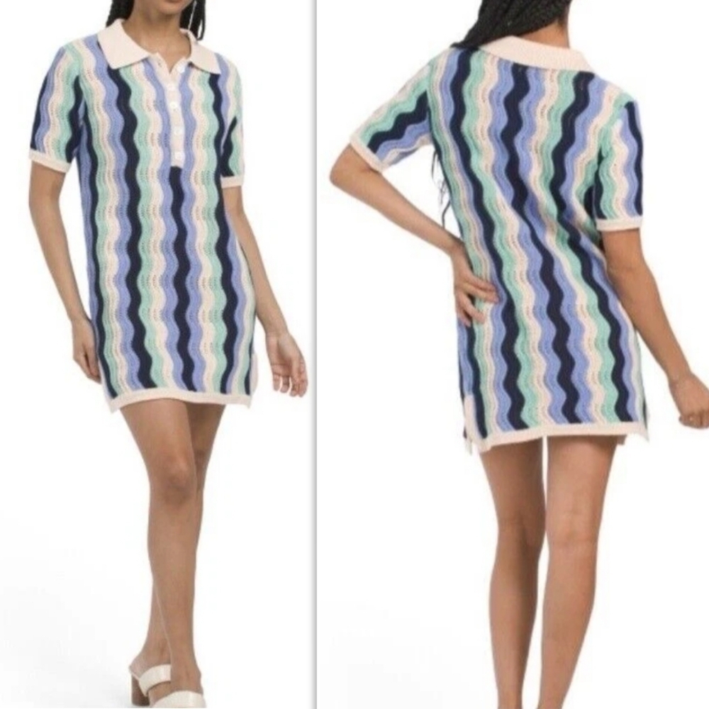Heartloom Blue and Green Mini Dress with Wavy Stripes